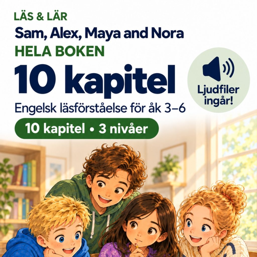 Sam, Alex, Maya and Nora – Hela boken, 10 kapitel i 3 nivåer + ljudfiler – Engelska åk 3–6