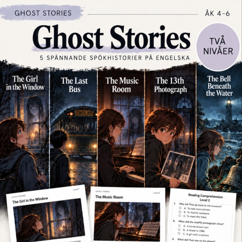 Ghost Stories – 5 spännande spökhistorier, Läsförståelse engelska åk 4–6, 2 nivåer + facit