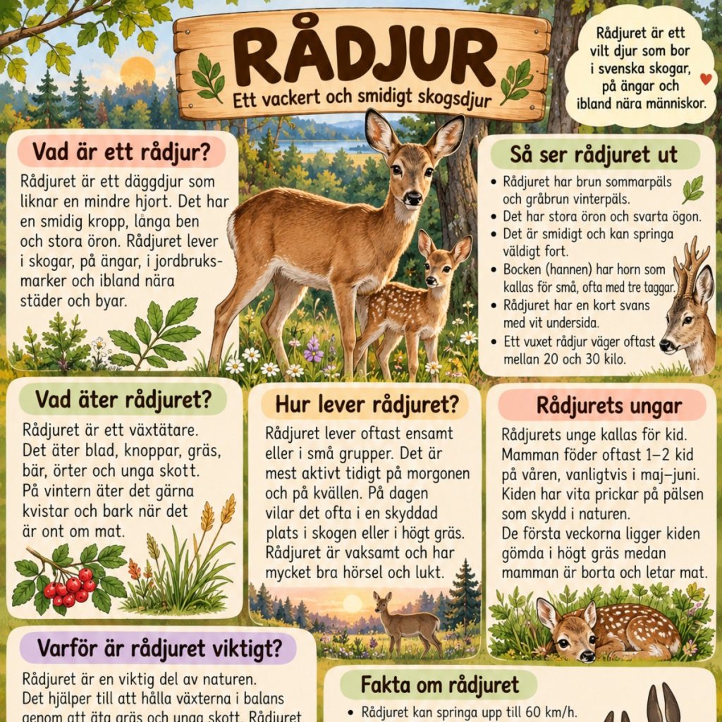 Läsförståelse och faktatext om 5 vanliga däggdjur i Sverige